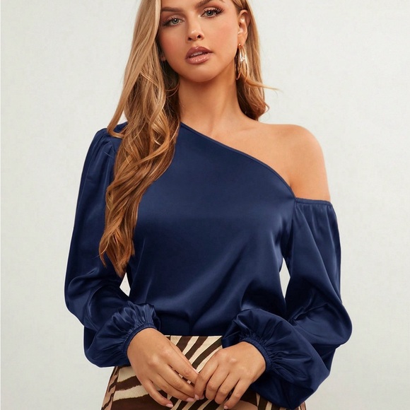 Satin off the shoulder long sleeve blouse black - Picture 2 of 5